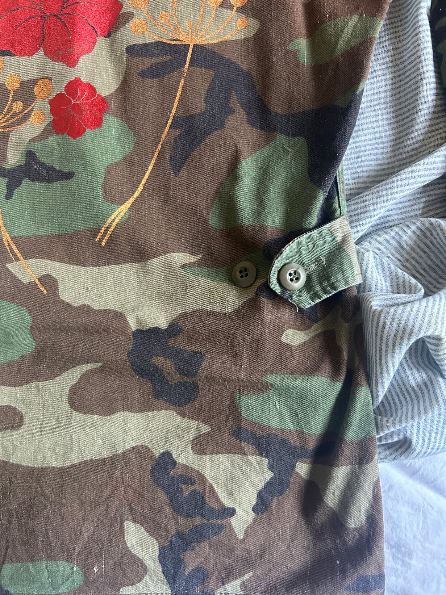 Vintage US Army Camo Jacket with Metallic Wild Flower Print Back