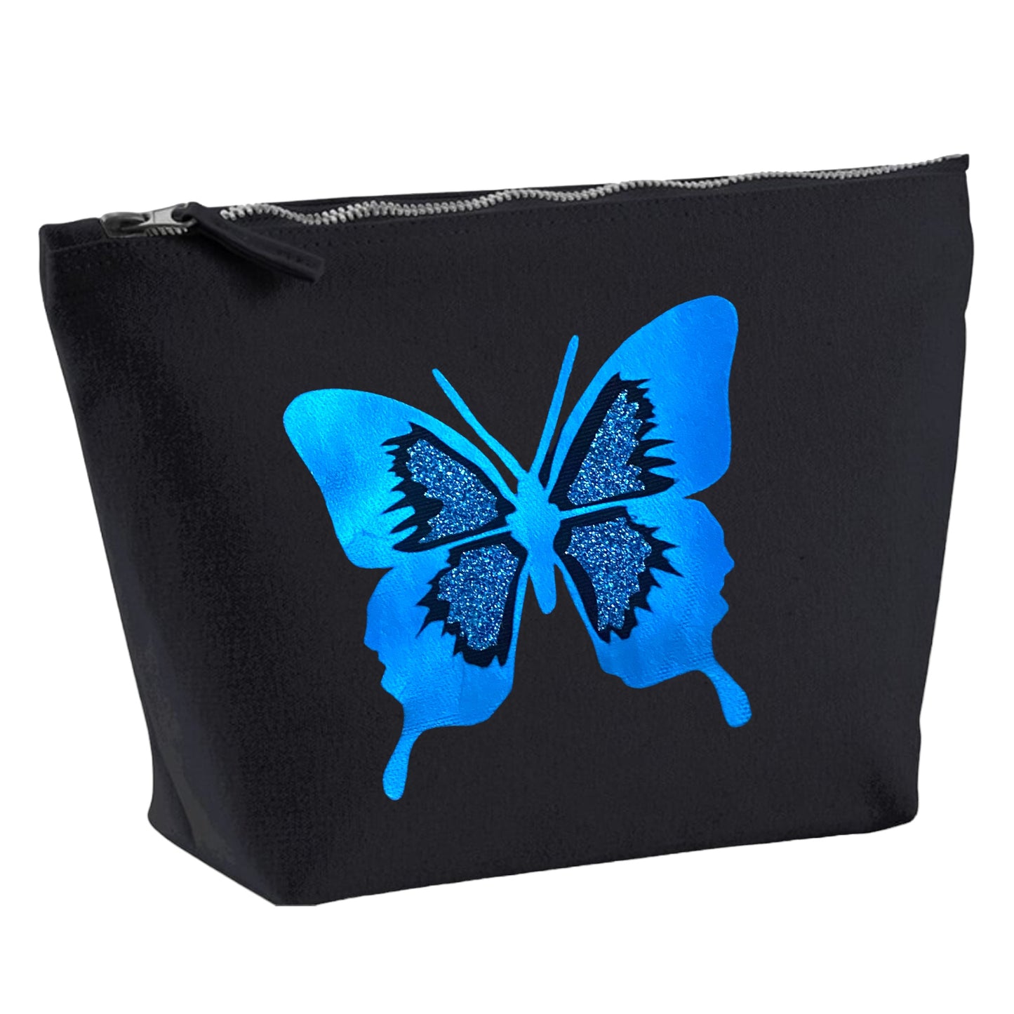 Blue Metallic and Glitter Butterfly Organic Cotton Cosmetic Bag