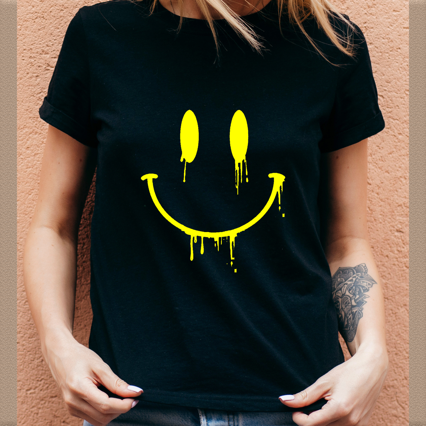 Yellow Drip Smile Print Organic Cotton Tee - Black