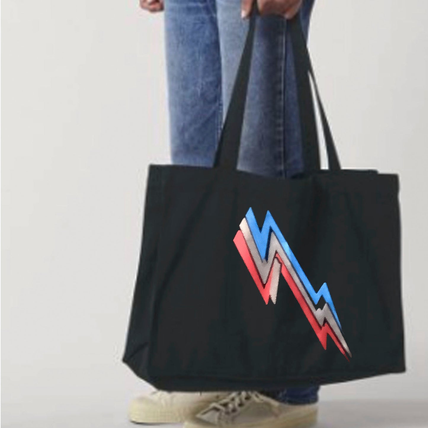 Metallic Lightning Bolt motif Black Large Bag - Blue red