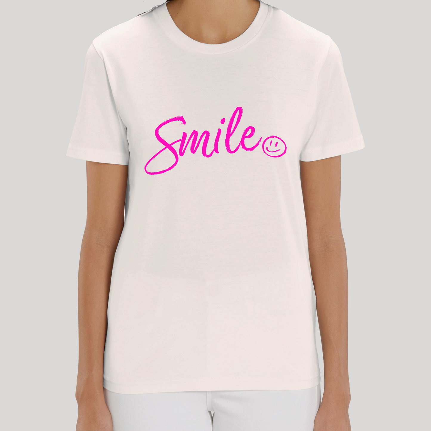Pink Smile Script Print Organic Cotton Tee - White