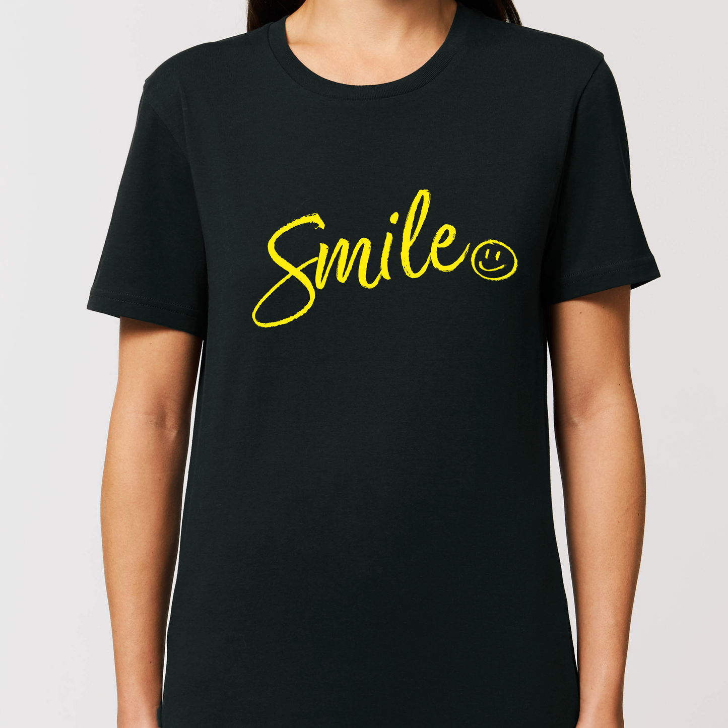Yellow Smile Script Print Organic Cotton Tee - Black