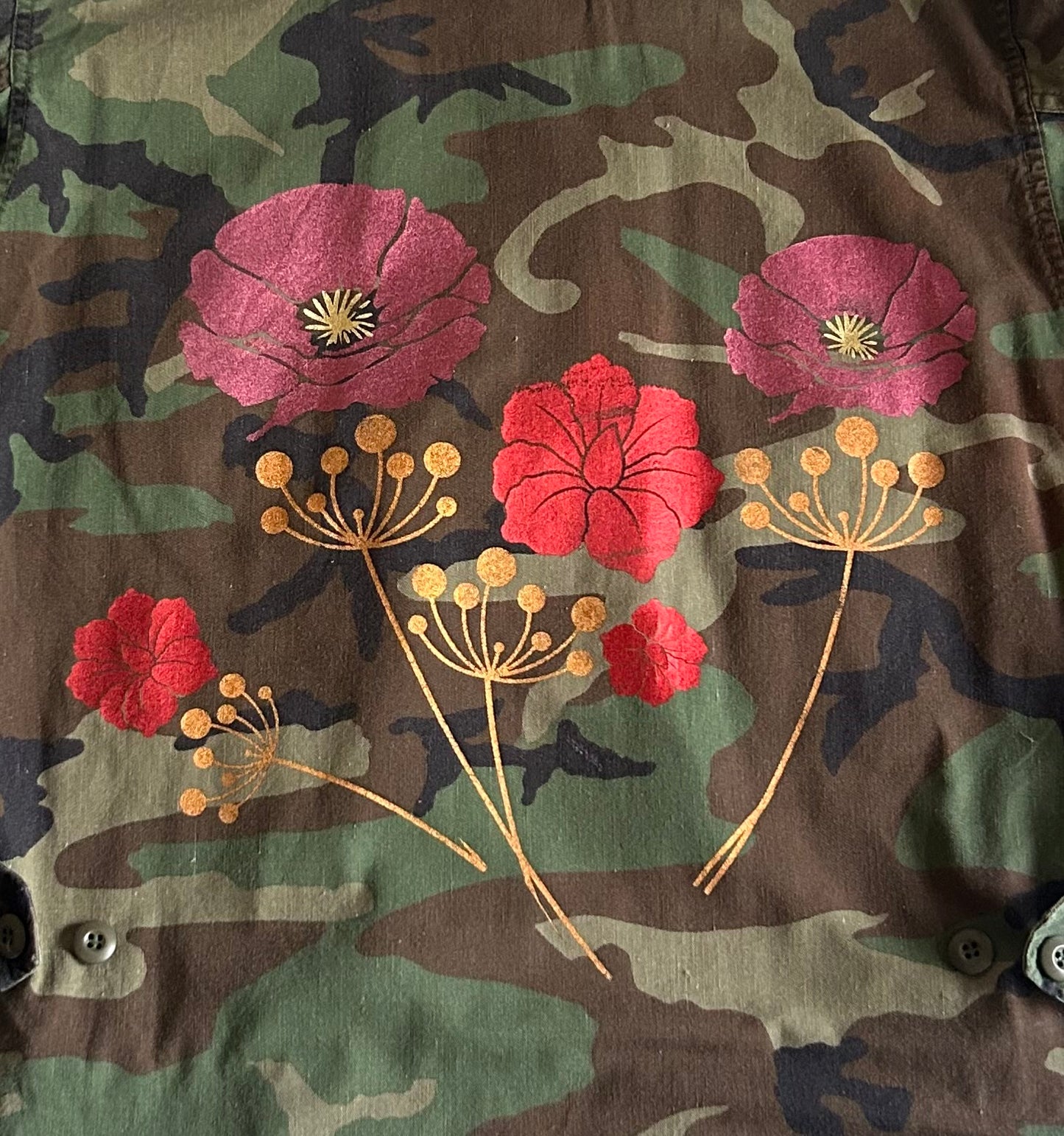 Vintage US Army Camo Jacket with Metallic Wild Flower Print Back