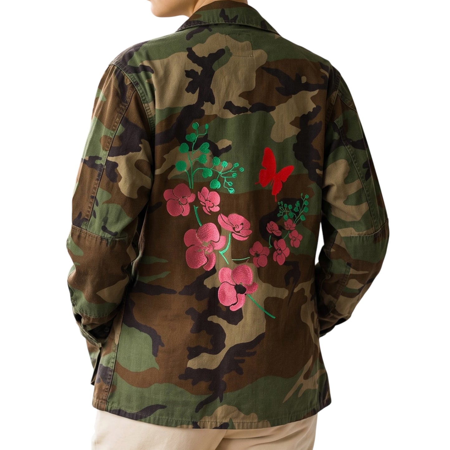 Vintage US Army Camo Jacket with Metallic Cherry Blossom and Butterfly Back Print