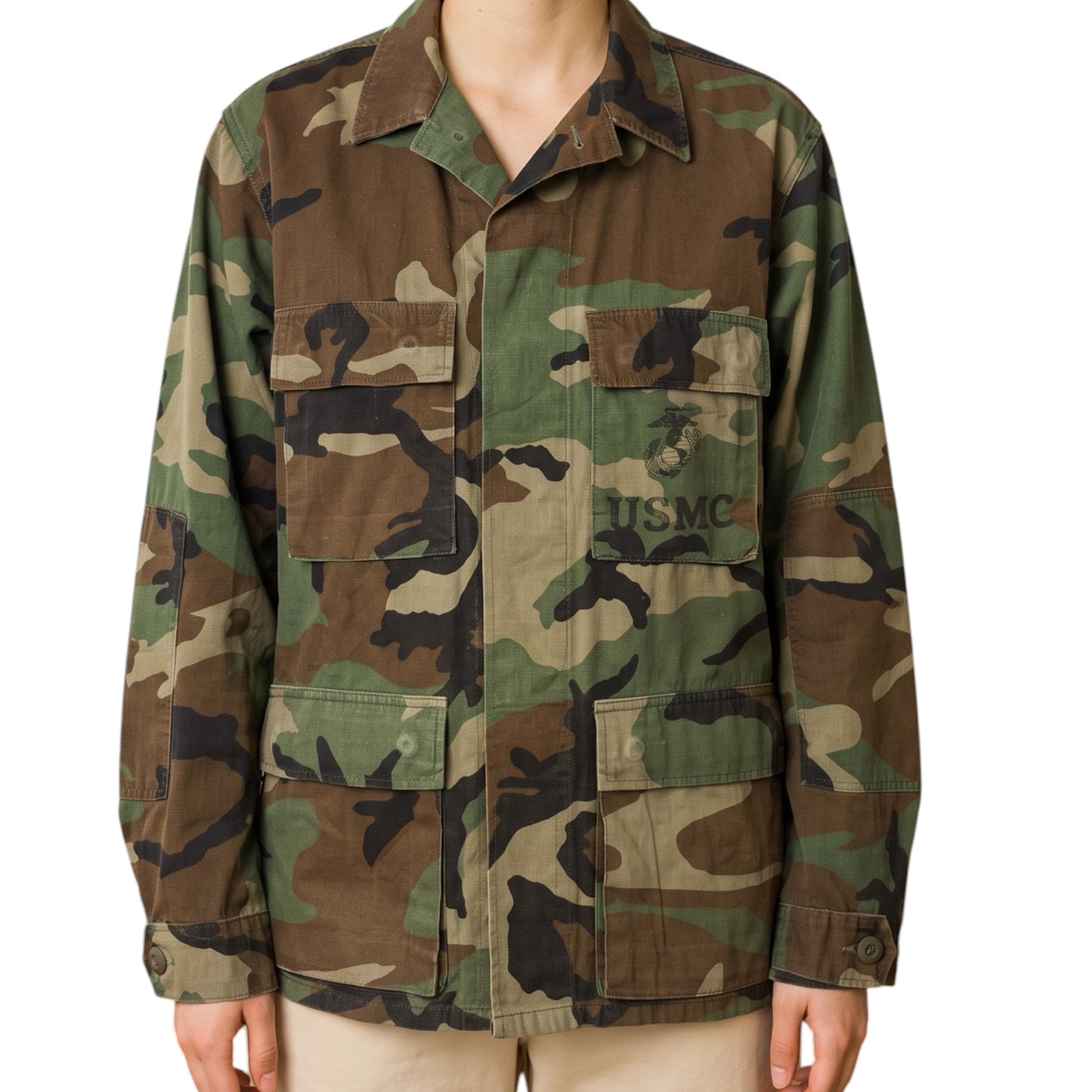 Vintage US Army Camo Jacket with Matt Gold Cherry Blossom Back Print.