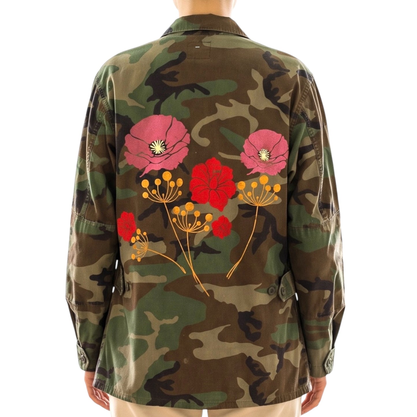 Vintage US Army Camo Jacket with Metallic Wild Flower Print Back