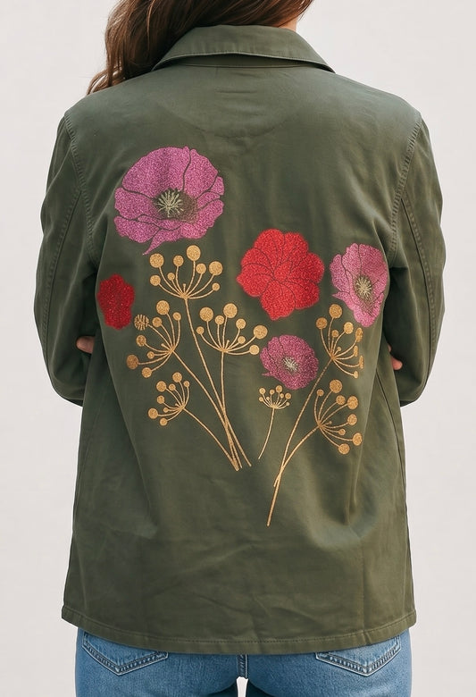 Khaki Jacket with Metallic Floral print on back