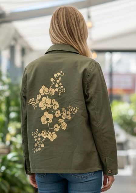 Khaki Jacket with Metallic Gold Blossom Print on back