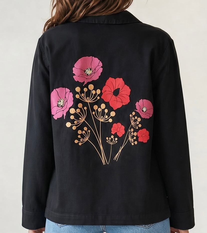 Black Jacket with Metallic Floral Print on back