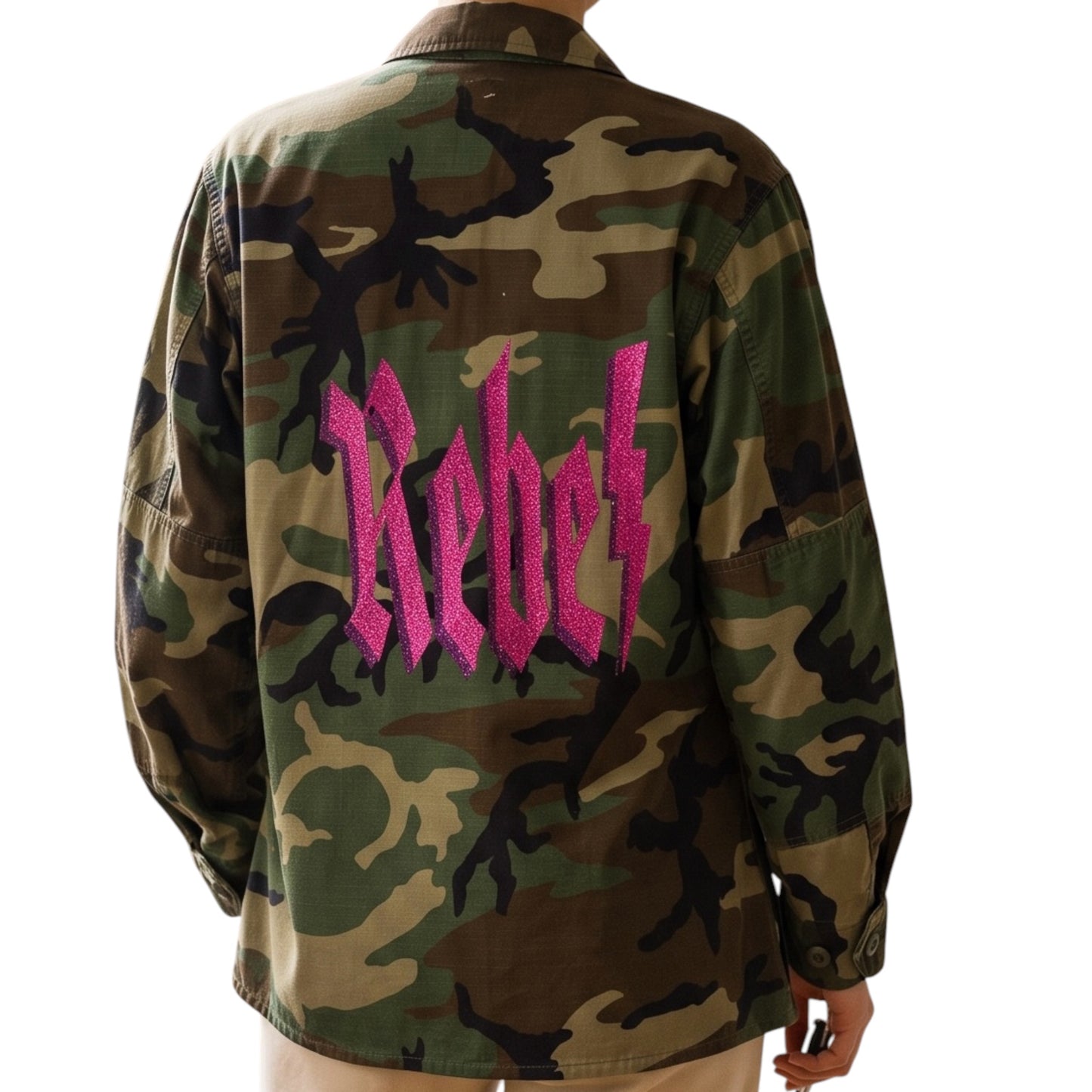 Vintage US Army Camo Jacket with Glitter Rebel Print