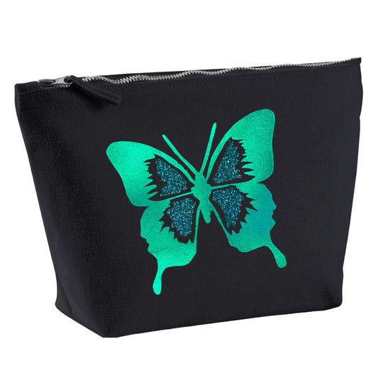 Green Metallic and Glitter Butterfly Organic Cotton Cosmetic Bag