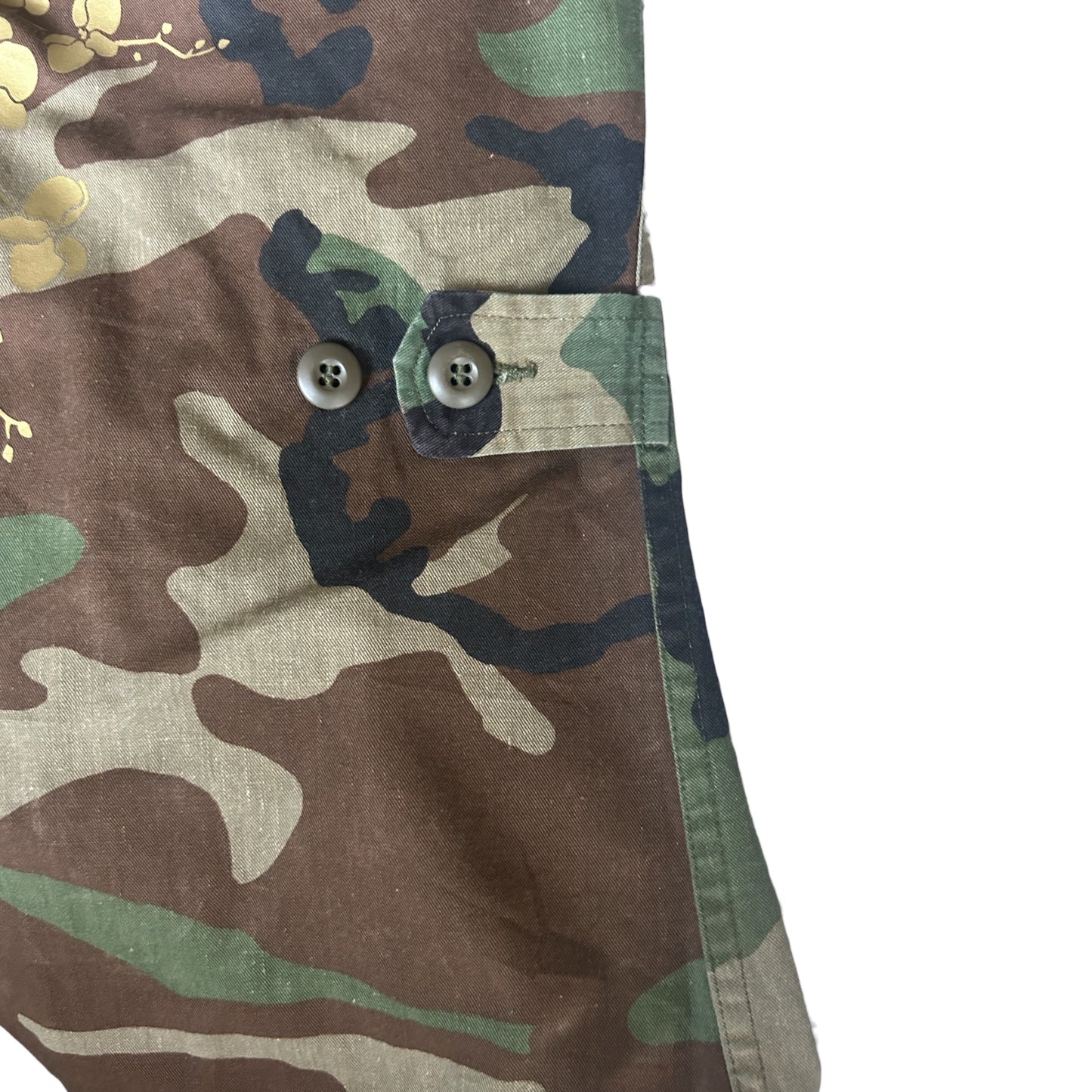 Vintage US Army Camo Jacket with Matt Gold Cherry Blossom Back Print.