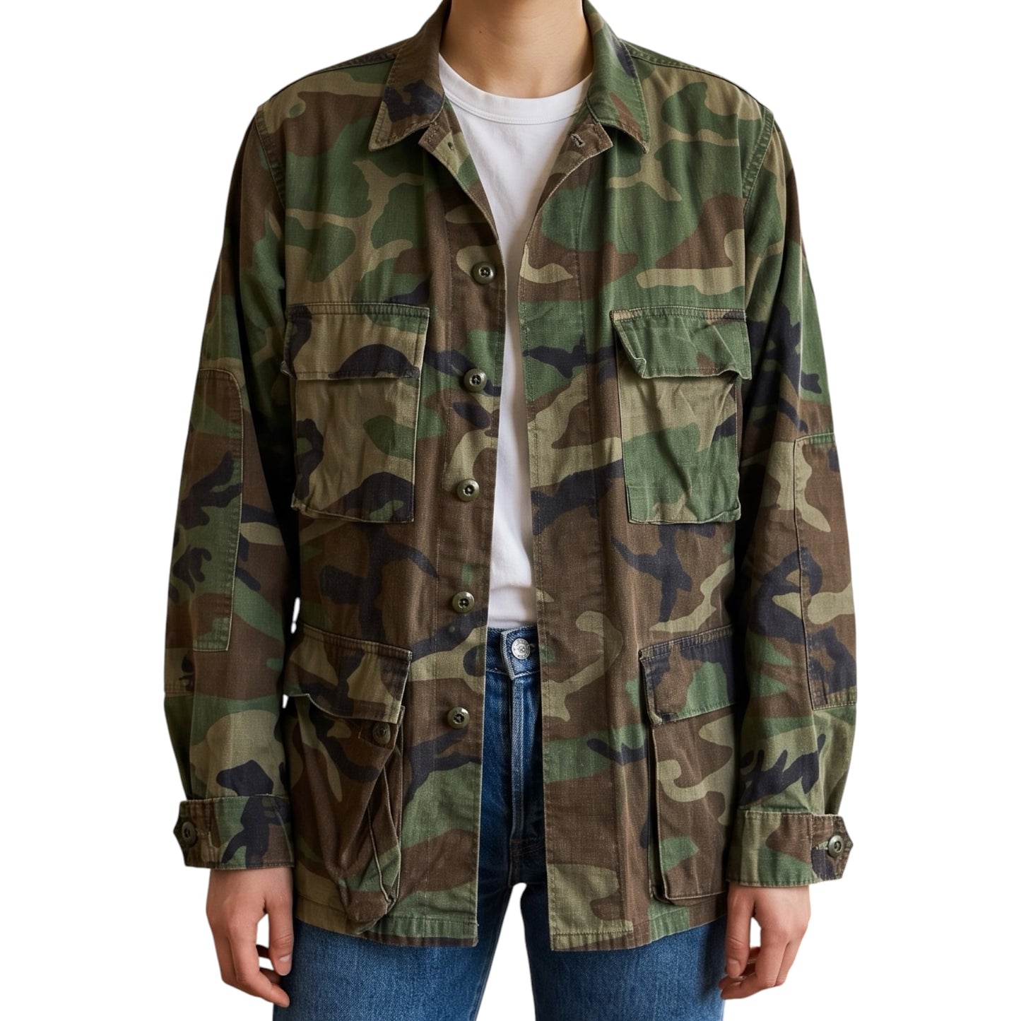 Vintage US Army Camo Jacket with Metallic Wild Flower Print Back