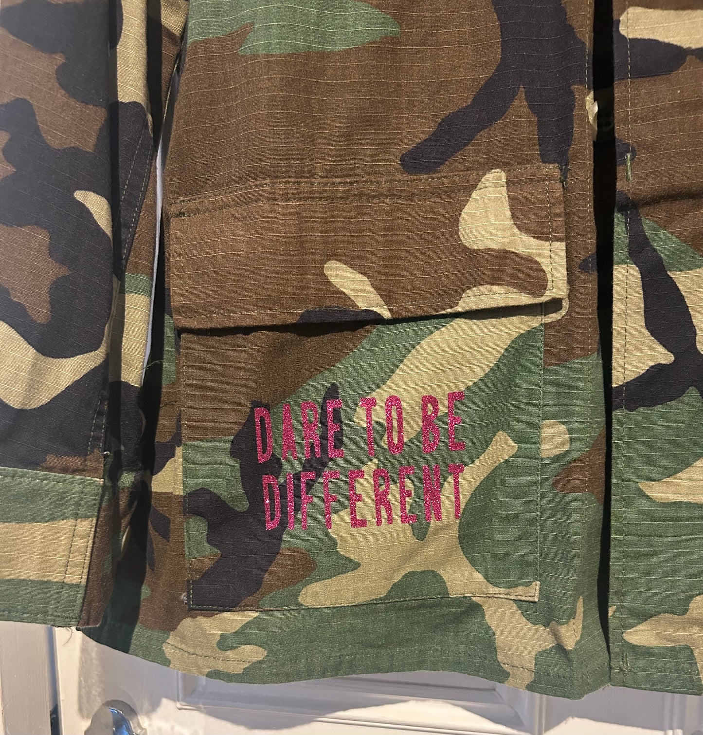 Vintage US Army Camo Jacket with Glitter Rebel Print