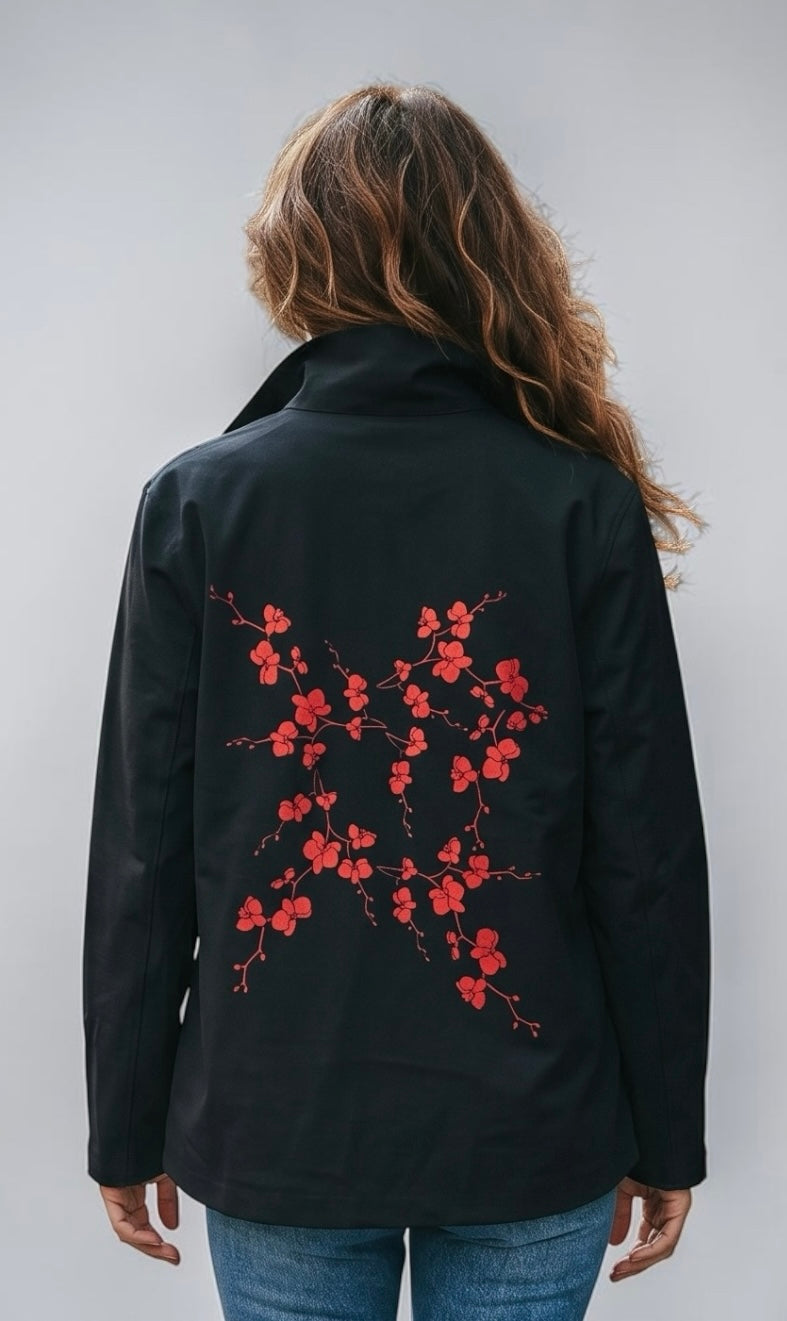 Black Jacket with Metallic Red Blossom Print on back