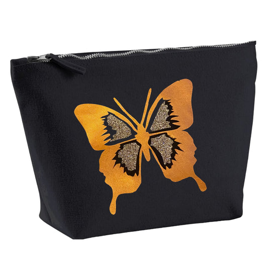 Gold Metallic and Glitter Butterfly Organic Cotton Cosmetic Bag