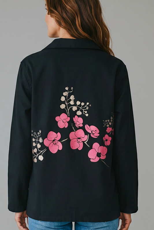 Black Jacket with Metallic Orchid Print on back