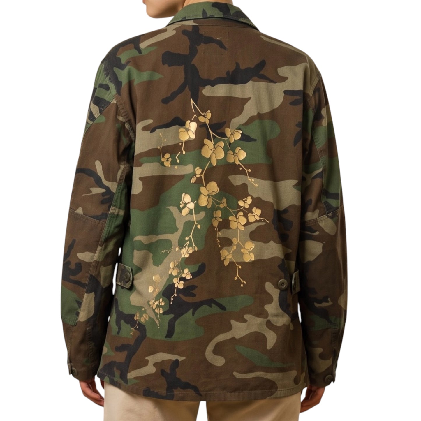 Vintage US Army Camo Jacket with Matt Gold Cherry Blossom Back Print.