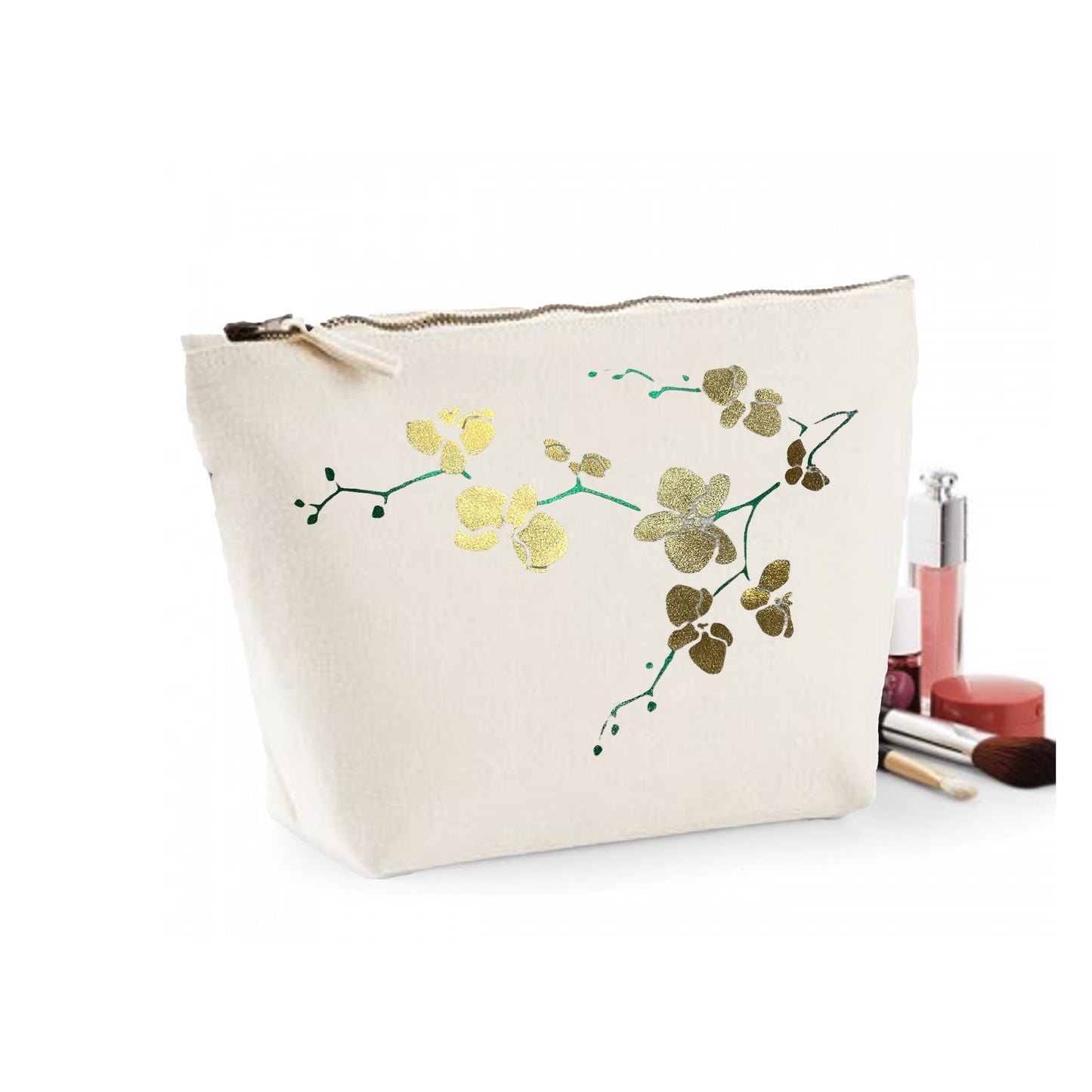 Metallic gold Floral Print Organic Cotton Cosmetic Bag - Cream