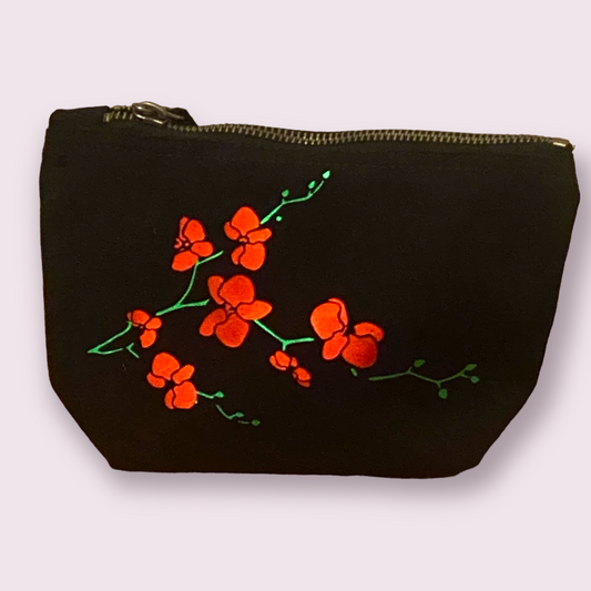 Metallic Red Floral Print Organic Cotton Cosmetic Bag -BLACK