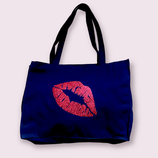 Glitter Red Lip Print Large Bag  -  Black