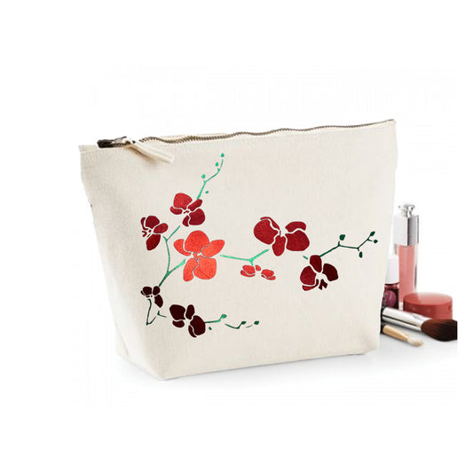 Metallic Red Floral Print Organic Cotton Cosmetic Bag - Cream