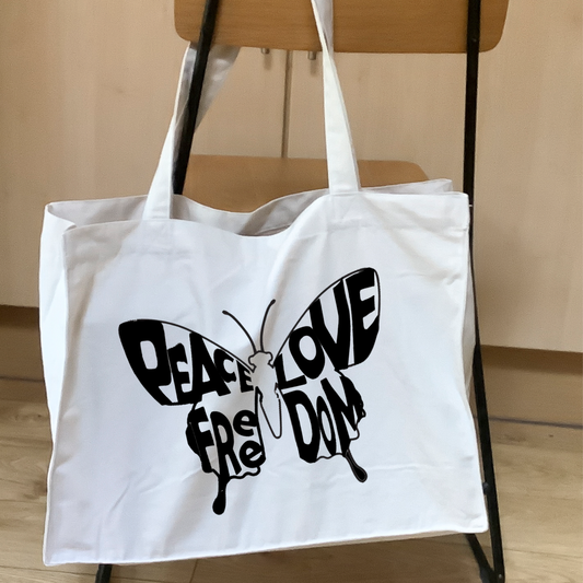 Peace Love Freedom Black Print Off White Large Tote Bag